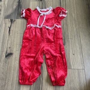 Vintage Baby Girl Red Velvet Christmas Romper 18 M Lace Ribbon Trim One Piece